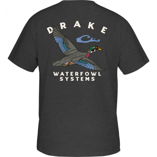 Drake Waterfowl Mens Pocket T-Shirt - Retro Wood Duck Short Sleeve Design