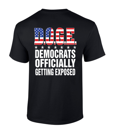 Patriot Pride Mens Graphic T-Shirt - American Flag And Stars DOGE, Democrats Officially Getting Exposed Design