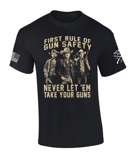 Patriot Pride Mens Graphic T-Shirt - Western 47th President, Musk, and Vance First Rule of Gun Safety Design
