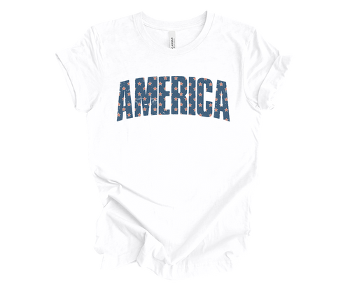 Patriot Pride Reckless Patriot Women's 4th of July Graphic T-Shirt - Curved America Tattered With Stars Design