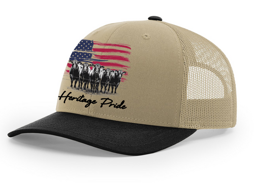 Heritage Pride Men's Embroidered Mesh Back Trucker Hat - American Flag & Angus Cattle Design