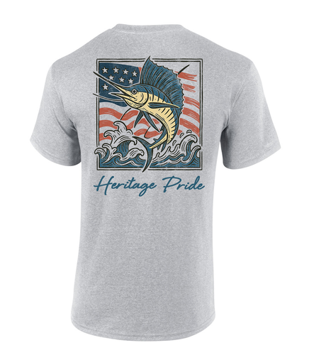 Heritage Pride Men's Graphic T-Shirt - American Flag Jumping Sailfish Ocean Background Design