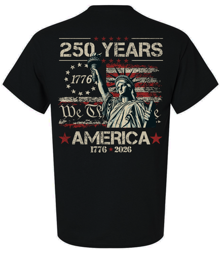 Patriot Pride Men's Graphic T-Shirt - 250 Years, We The People, Lady Liberty With American Flag Background Design Patriot Pride Men's Graphic T-Shirt - 250 Years, We The People, Lady Liberty With American Flag Background Design