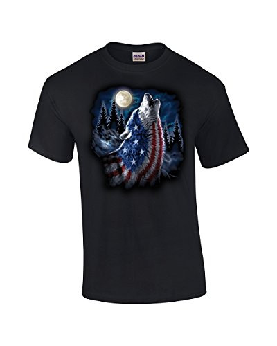 American Flag Wolf Howling Moon Patriotic Adult Tee Shirt Black American Flag Wolf Howling Moon Patriotic Adult Tee Shirt Black