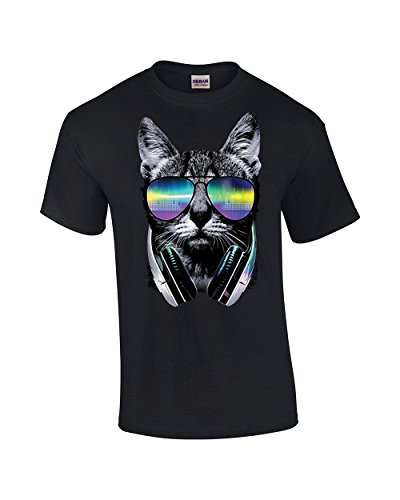 Neon Cat in Glasses with Headphones Funny Adult Tee Shirt Black Neon Cat in Glasses with Headphones Funny Adult Tee Shirt Black