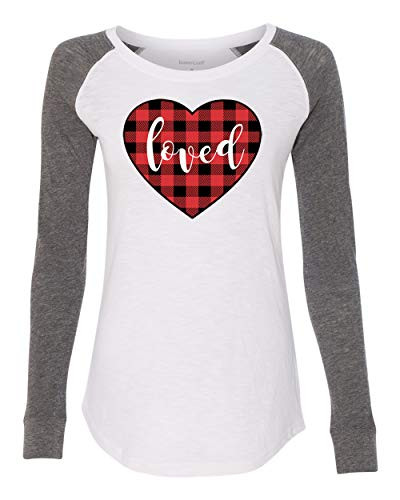 Loved Plaid Valentine's Day Women's Patch Raglan Long Sleeve Tee Shirt White/Granite