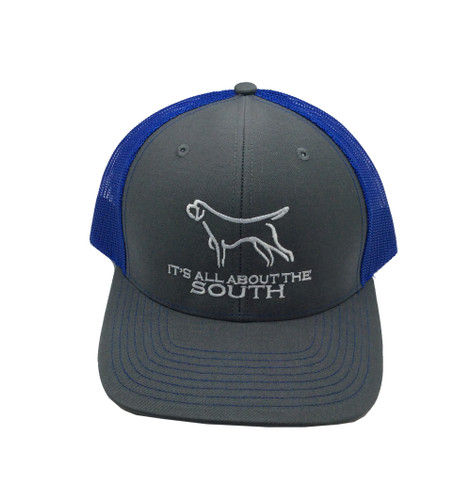 It's All About The South Dog Outline Snapback Hat- Charcoal/Blue Mesh
