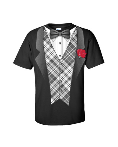 Tuxedo Short Sleeve T-shirt Classy Tux with Plaid Vest and Rose Bow Tie Tuxedo Short Sleeve T-shirt Classy Tux with Plaid Vest and Rose Bow Tie