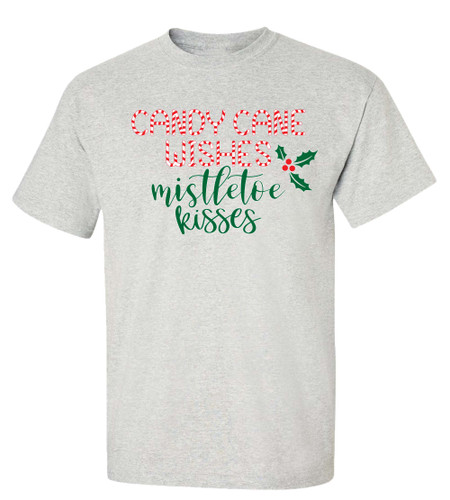 Happy Holidays Candy Cane Wishes Mistletoe Kisses Short Sleeve T-shirt