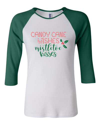 Holiday Candy Cane Wishes Mistletoe Kisses Women's 3/4 Sleeve Raglan