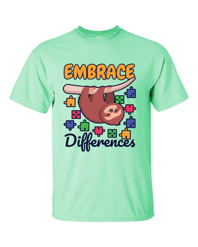 Autisim Awareness Sloth Embrace Differences Unisex Adult Short Sleeve T-shirt