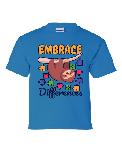 Youth Children's Unisex Autisim Awareness Sloth Embrace Differences Short Sleeve T-shirt