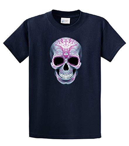 Skull Tee Shirt Silver Skull with Pink Floral Design Navy Skull Tee Shirt Silver Skull with Pink Floral Design Navy