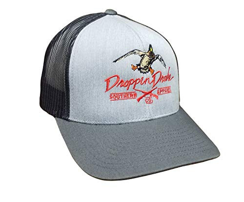 Droppin Drake Mallard Duck and Gun Logo Trucker Mesh Snapback Hat  Heather Gray/Light Charcoal Light Charcoal Mesh