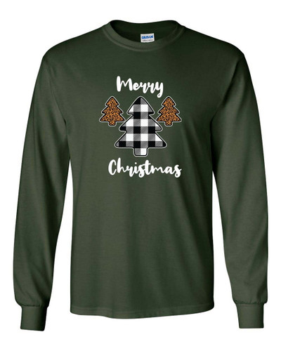 Merry Christmas Buffalo Plaid Leopard Print Trees Unisex Adult Long Sleeve T-shirt
