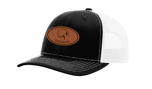 Heritage Pride Laser Engraved Leather Patch Georgia Cotton Boll Southern Men's Mesh Back Trucker Hat