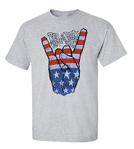Red White & Rock Roll Short Sleeve Tee Shirt Sports Gray