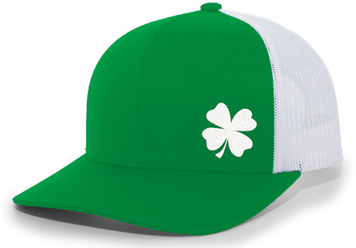Men's Lucky Clover Shamrock Off-Center Embroidered Golf Mesh Back Trucker Hat Men's Lucky Clover Shamrock Off-Center Embroidered Golf Mesh Back Trucker Hat