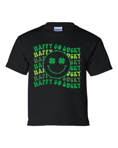 Happy Go Lucky Youth Kids St. Patricks Day Lucky Smile Face Shamrock Short Sleeve T-shirt Graphic Tee
