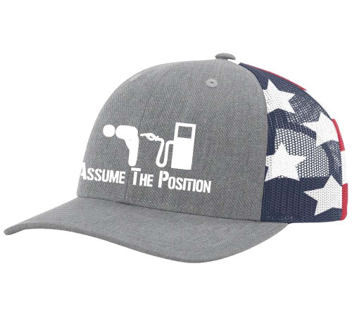 Gas Pump Assume The Position Gas Prices Funny Mens Embroidered Mesh Back Trucker Hat