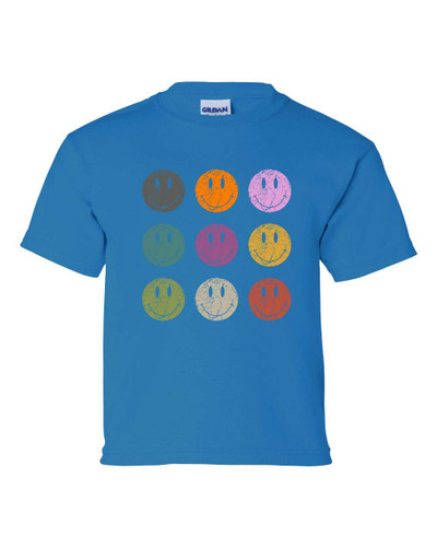 Youth Kids Retro Distressed Happy Face Smile Repeat Short Sleeve T-shirt Graphic Tee