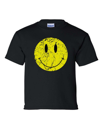 Youth Kids Retro Distressed Happy Face Smile Short Sleeve T-shirt Graphic Tee