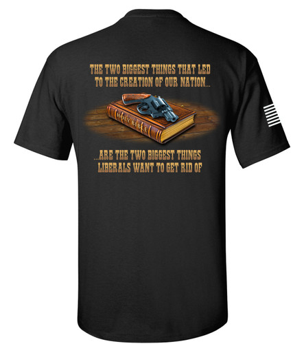 Patriot Pride Collection Creation of Our Nation Gun and Holy Bible American Flag Sleeve Men's Short Sleeve Graphic Tee