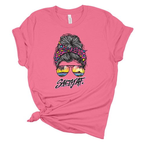 Trenz Shirt Company Womens Messy Bun Salty 'AF Beach Sunset Short Sleeve Graphic T-Shirt