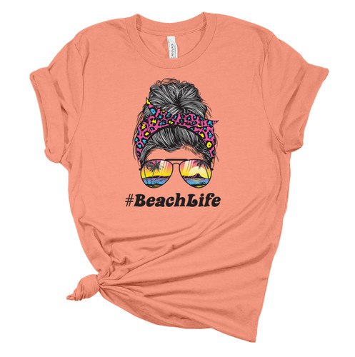 Trenz Shirt Company Womens Messy Bun Beach Life Sunset Short Sleeve Graphic T-Shirt