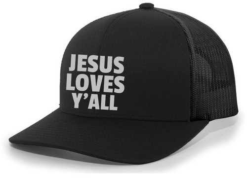 Jesus Loves Y'all Christian Mens Hat Embroidered Mesh Back Trucker Baseball Cap Jesus Loves Y'all Christian Mens Hat Embroidered Mesh Back Trucker Baseball Cap