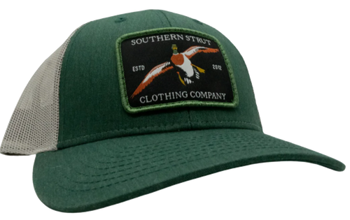 Southern Strut mallard Duck Patch Mesh Back Trucker Hat Baseball Cap heather Green/ Light grey