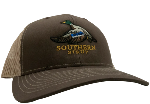 Southern Strut Embroidered Mallard Duck Mesh Back Trucker Hat Baseball Cap Brown/Khaki