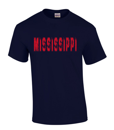 Mississippi Tshirt Football Team Color Navy and Red Distressed Mississippi State Name Rebel Mens Short Sleeve T-shirt Graphic Tee