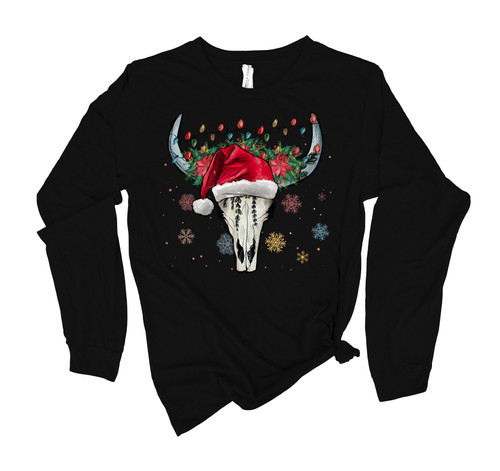 Womens Christmas Tshirt Steer Skull Christmas Lights Holiday Festive Ladies Long Sleeve T-shirt Graphic Tee Womens Christmas Tshirt Steer Skull Christmas Lights Holiday Festive Ladies Long Sleeve T-shirt Graphic Tee