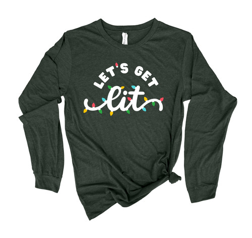 Womens Christmas Tshirt Let's Get Lit Christmas Lights Holiday Festive Ladies Long Sleeve T-shirt Graphic Tee