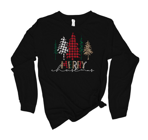 Womens Christmas Tshirt Buffalo Plaid Trees Merry Christmas Colors Holiday Festive Ladies Long Sleeve T-shirt Graphic Tee