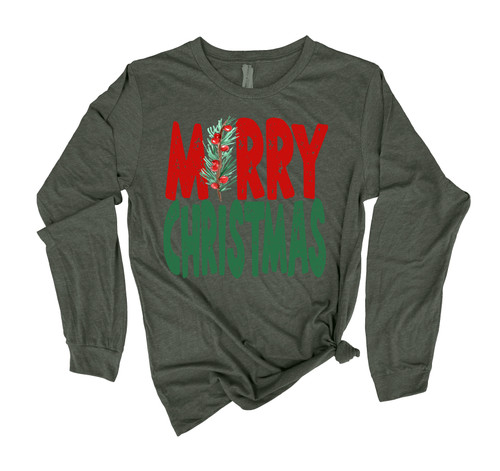 Womens Christmas Tshirt Merry Christmas Holly Merry Christmas Holiday Shirt Ladies Womens Long Sleeve T-shirt Christmas Graphic Tee