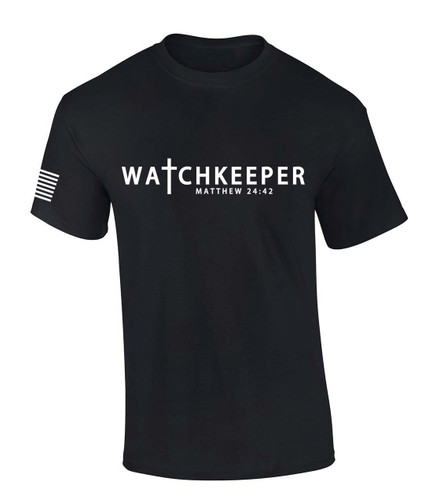 Mens Christian Shirt Watchkeeper Matthew 24:42 Scripture American Flag Sleeve T-shirt Graphic Tee