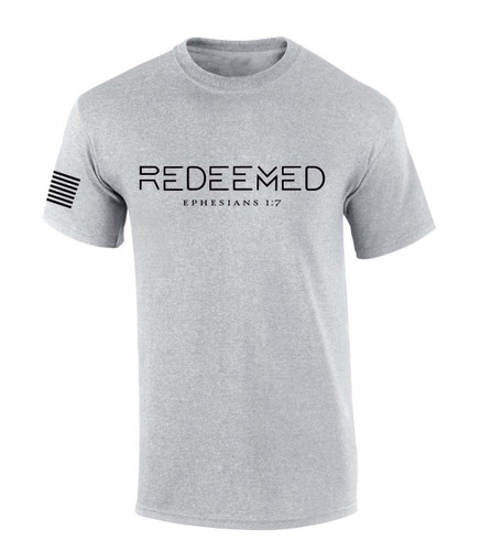 Mens Christian Shirt Redeemed Ephesians 1:7 Scripture American Flag Sleeve T-shirt Graphic Tee Mens Christian Shirt Redeemed Ephesians 1:7 Scripture American Flag Sleeve T-shirt Graphic Tee