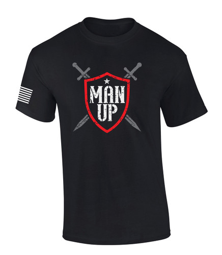 Mens Christian Shirt Man Up Swords and Shield Scripture American Flag Sleeve T-shirt Graphic Tee