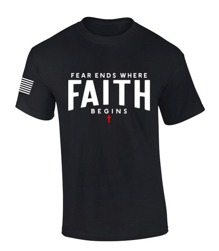 Mens Christian Shirt Fear Ends Where Faith Begins Scripture American Flag Sleeve T-shirt Graphic Tee