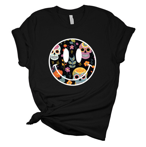 Womens Halloween Tshirt Sugar Skull Skeleton Happy Face Smile Short Sleeve Halloween T-shirt