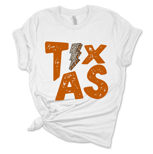 Women's Texas Tshirt Leopard Lightning Bolt Texas Burnt Orange State College Football Short Sleeve T-shirt