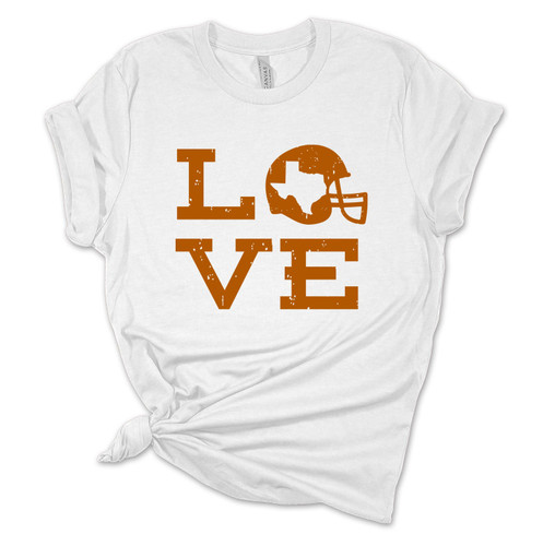 Women's Texas Tshirt Love Helmet Texas Burnt Orange State College Football Short Sleeve T-shirt
