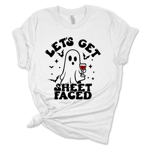 Womens Funny Halloween Tshirt Let's Get Sheet Faced Wine Party Ghost Short Sleeve T-shirt Graphic Tee