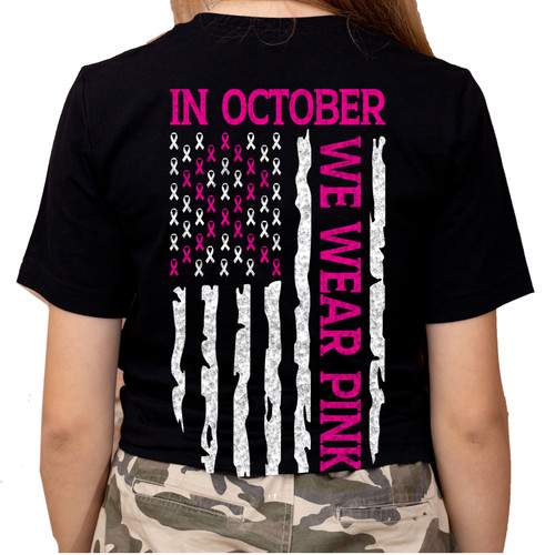 Womens Breast Cancer Awareness Breast Cancer In October We Wear Pink Patriotic Flag Short Sleeve T-shirt