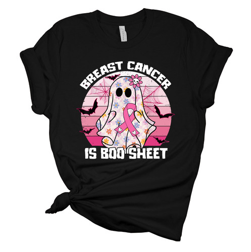 Womens Halloween Themed Breast Cancer Awareness Tee Breast Cancer Is Boo Sheet Ghost Short Sleeve T-shirt
