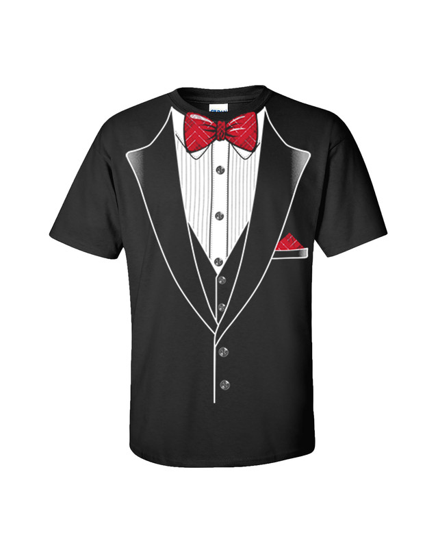 Tuxedo Short Sleeve T-shirt Classy Tux with Red Plaid Bow Tie