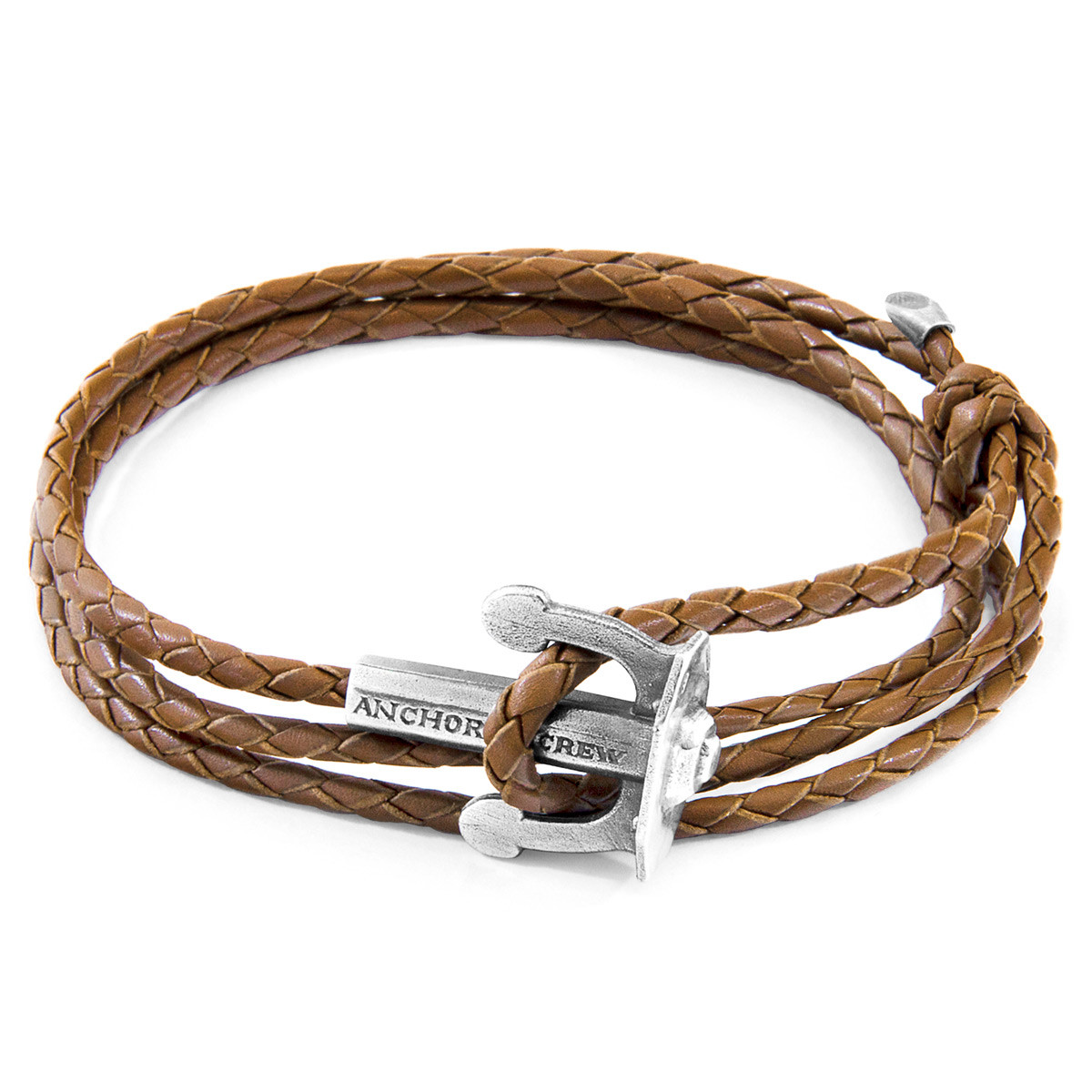 Anchor & Crew Light Brown Union Anchor Silver and Braided Leather Bracelet