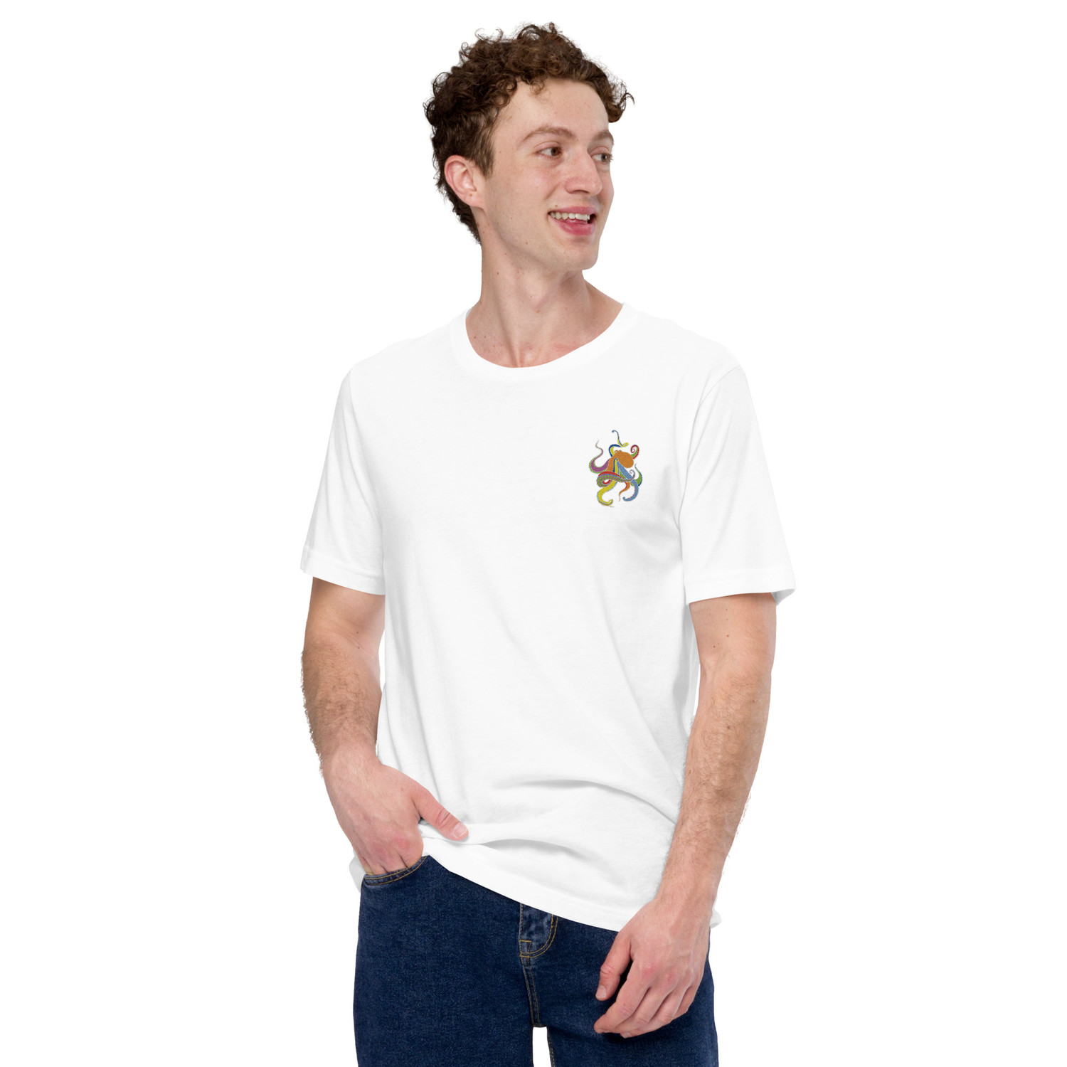 Think Ocean Octopus Fluorescence Cotton Embroidered T-Shirt